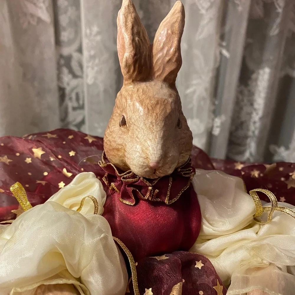 Luxury Rabbit Handcrafted Vintage Porcelain Head Bunny Décor Burgundy Gold